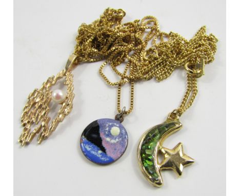 A 9ct textured rose gold and cultured pearl pendant on chain, 5.7g, and two further pendants on chains, one chain marked 750.