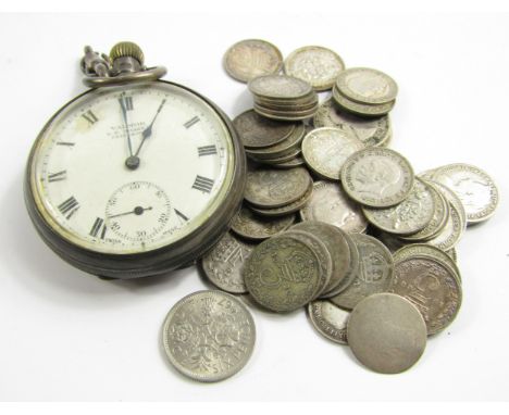 A George V silver open faced keyless wind pocket watch, enamel dial bearing Roman numerals, subsidiary seconds dial, for G R 