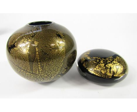 A Michael Harris Isle of Wight black Azurene globe vase, 8.5cm high, together with a compressed black Azurene paperweight, 7.