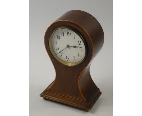 An Edwardian mahogany and boxwood line inlaid balloon mantel clock, enamel dial bearing Arabic numerals, French movement, 22c
