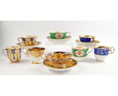 Four early 19thC porcelain trios, including an H & R Daniel porcelain trio reserve painted with flowers against a turquoise g