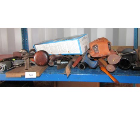 Tools including mallets, augers, Haymer gas torch, etc, (1 shelf).