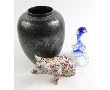 A Poole black lustre glaze pottery vase, 22cm high, together with a glass dolphin sculpture and a Chinese Imari figure of a p