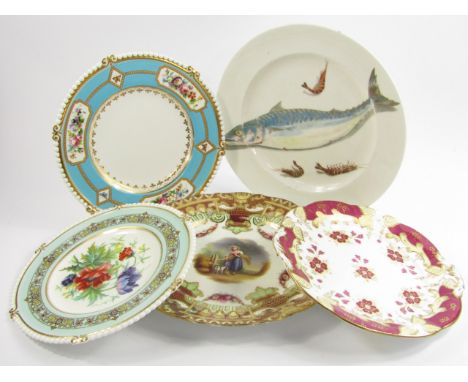 A Brown Westhead & Moore late 19thC porcelain plate, painted with flowers within a beaded rim, another painted with border re