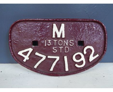 A British Rail engine plaque, marked M 13tons STD477192, 16cm x 28cm at widest point.