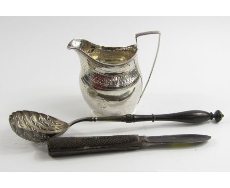 A Georgian 18thC silver cream jug, with engraved foliate decoration, initialled reserve, marks rubbed and indistinct, Contine
