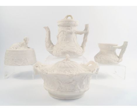 A group of mid 19thC Parian wares, comprising a Minton butter tub and cover with a recumbant goat finial, sucrier with ram's 