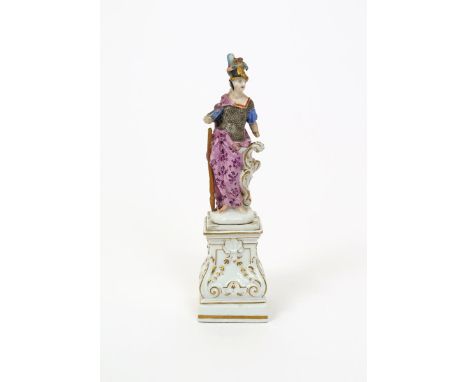 A Meissen figure of Minerva, c.1745, after the model by J J Kändler, wearing a plumed helmet and a long flowered robe, standi