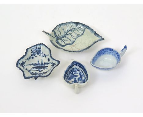Three English porcelain blue and white pickle dishes, c.1760-80, one Worcester of vine leaf shape and painted with flower spr