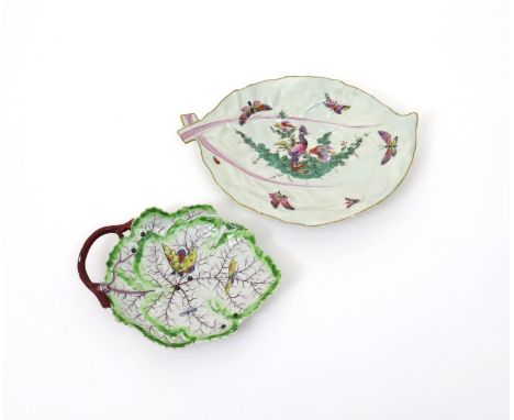A Worcester leaf dish, c.1755-60, of vine leaf shape, painted with flying insects and moths on a ground of puce veining, and 