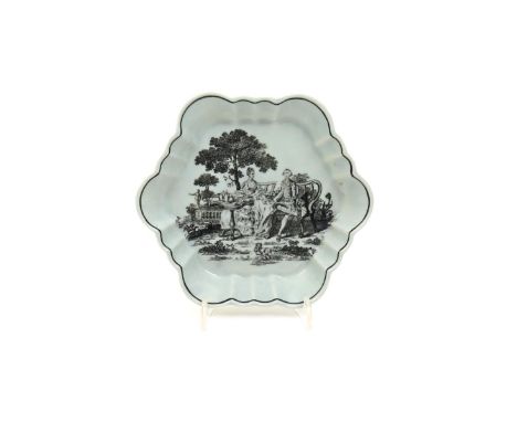 A Worcester teapot stand, c.1758-60, printed in black with the Tea Party (version 2) pattern, a fashionable couple seated at 