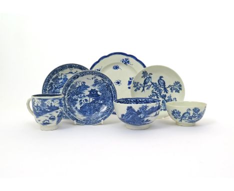 Two Caughley blue and white teabowls and saucers, c.1780-90, one printed with the Birds in Branches pattern, the other with t