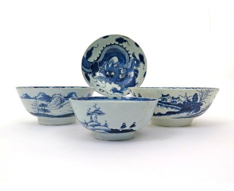 Four English porcelain blue and white bowls, c.1760-70, one a large Worcester bowl painted with The Precipice pattern, a Rich