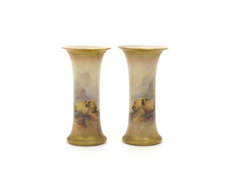 A pair of Royal Worcester vases, date codes for 1920, of shape G923, the flared bodies painted by Ernest Barker with scenes o