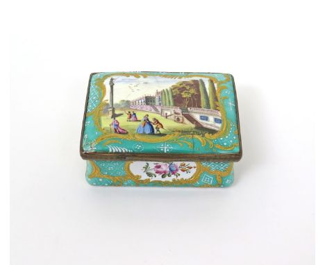 An English enamel rectangular snuff box, early 19th century, the lid painted with courting figures walking in a garden before