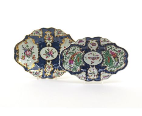 Two Worcester dessert dishes, c.1765-75, the larger painted with panels of floral garlands, the smaller with fancy birds and 