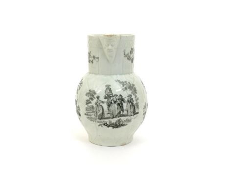 A Worcester cabbage leaf jug, c.1765-70, printed in black by Robert Hancock with the May Day print beneath the spout, the sid