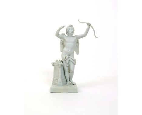 A Meissen biscuit porcelain figure of Apollo, c.1820, standing beside a triangular plinth, with arms raised to loose an arrow