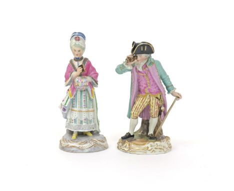 Two Vienna figures of The Racegoer and his companion, mid 19th century, after Meissen, he resting on a stick and looking thro