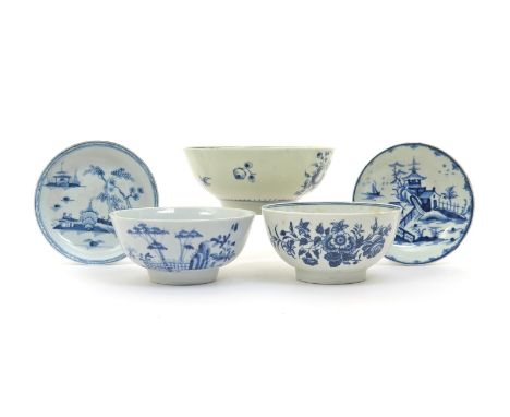 Three Worcester blue and white bowls, c.1754 and c.1770, one painted with the Plantation pattern, one painted with fruit spri