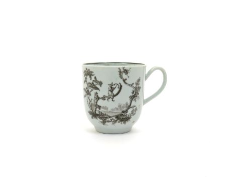 A Worcester coffee cup, c.1760-65, printed in black with Les Garçons Chinois pattern of chinoiserie figures perched on rococo