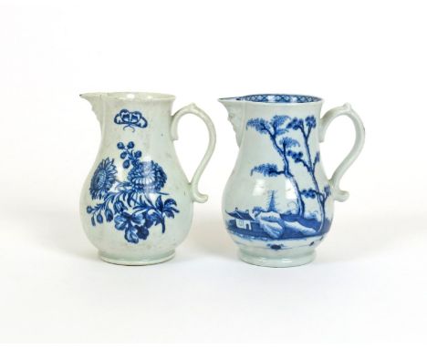 Two Worcester blue and white mask jugs, c.1770, one painted with the Cannonball pattern, a hatched border to the interior rim
