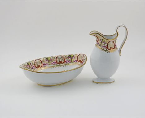 A Coalport high-handled ewer and oval basin, c.1820-30, painted in pattern 630 with elaborate borders of foliate scrolls in y