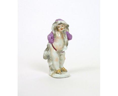 A Meissen model of Winter, mid 18th century, modelled as a putto wearing a fur-lined purple cloak wrapped around his standing