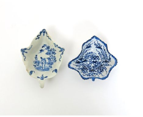 A Worcester blue and white pickle leaf dish, c.1756, painted with the Two Peony Rock Bird pattern, and a Bow pickle leaf dish