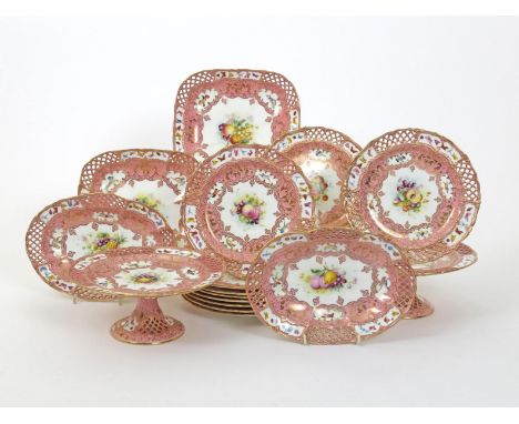 A good Royal Worcester dessert service, date codes for 1897, the wells painted with arrangements of fruit, flowers and nuts w