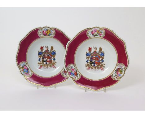 A pair of Chamberlain's armorial dishes from a dessert service, c.1820, the wells painted with the arms of the Clifford-Const