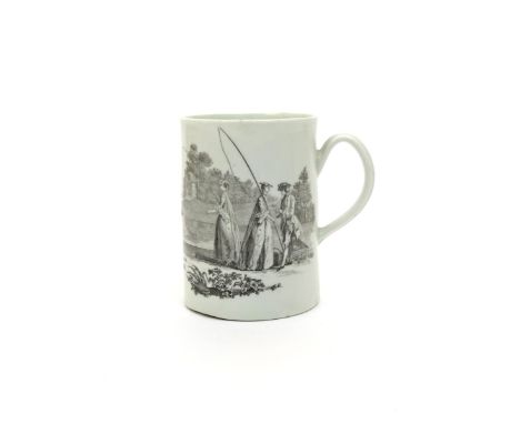A Worcester cylindrical mug, c.1760, printed in black with the Whitton Anglers of two ladies fishing beside a small summerhou
