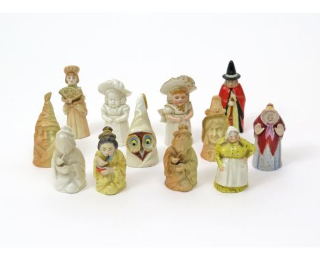 Twelve Royal Worcester candle snuffers, late 19th/early 20th century, variously modelled as The Witch, The Owl, Mr and Mrs Ca