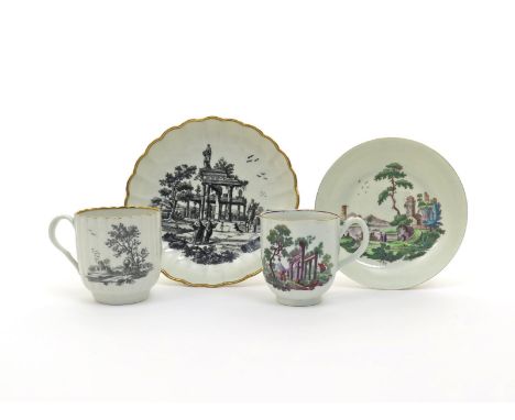 Two Worcester porcelain coffee cups and saucers, c.1765-75, one printed and coloured with European landscape scenes of small 