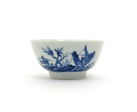 A Worcester blue and white small bowl, c.1756-58, painted with the Gazebo pattern, a Chinese figure in a boat while another w