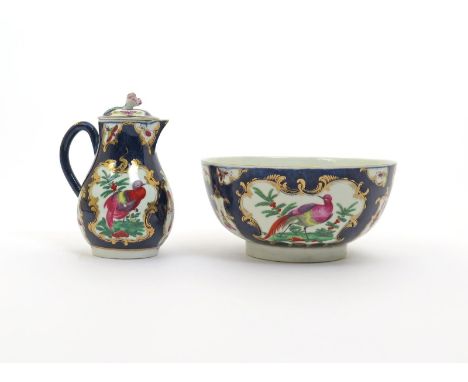 A Worcester jug and cover and a matching slop bowl, c.1770-75, painted with panels of exotic birds and smaller panels of brig