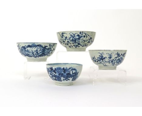 Four Worcester blue and white slop bowls, c.1770-80, one printed with the Fence pattern, one painted with the Peony pattern, 