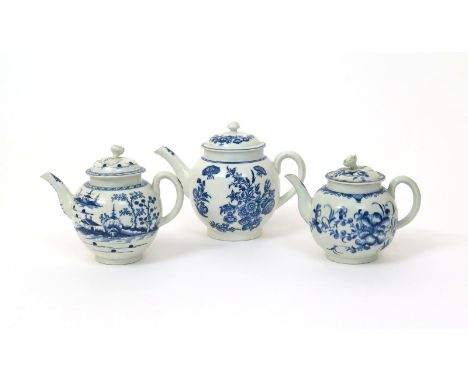 Two Worcester blue and white teapots and covers, c.1760-70, one painted with the Mansfield pattern, the other with the Cannon