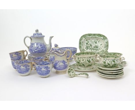 A Davenport pearlware part toy or miniature coffee set, 19th century, printed in purple with bucolic scenes of cattle and she