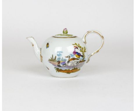 A small Meissen teapot and cover,  early 19th century, probably later decorated with scenes of ducks swimming on water, a coc