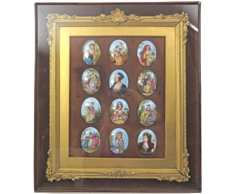 A framed set of twelve Continental porcelain plaques, 19th century, seven of the small oval plaques painted with the portrait
