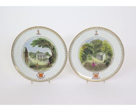 A pair of armorial Copeland plates, 19th century, each painted in an amateur hand with figures in rural scenes, titled Kirkan
