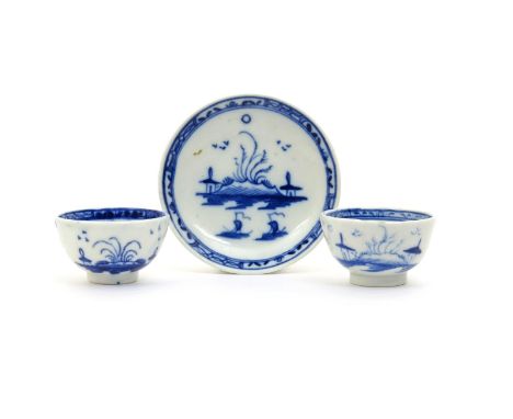 Two miniature Caughley blue and white teabowls and a saucer, c.1780, painted with the Island pattern of two sailing boats bef