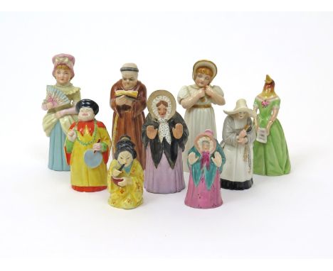 Nine Royal Worcester candle snuffers, most 20th century, two modelled as young girls in bonnets from the Town Girl series, on