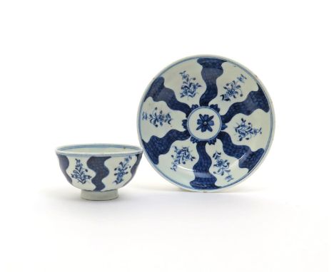 A Lowestoft blue and white small teabowl and saucer, c.1785, painted with the Robert Browne pattern of shaped floral panels a