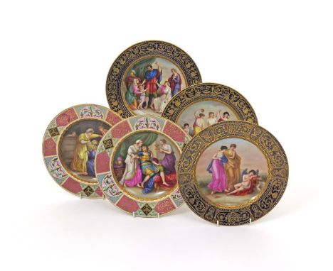 Five Vienna style cabinet plates, 19th century, all painted with scenes of Classical figures and mythological scenes includin