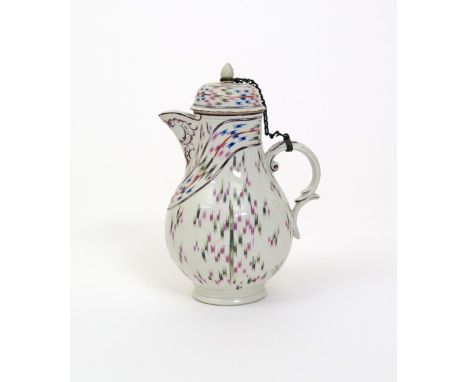 A Nymphenburg coffee pot and cover, c.1780, painted with an ikat textile pattern, sometimes known as a chintz pattern, impres