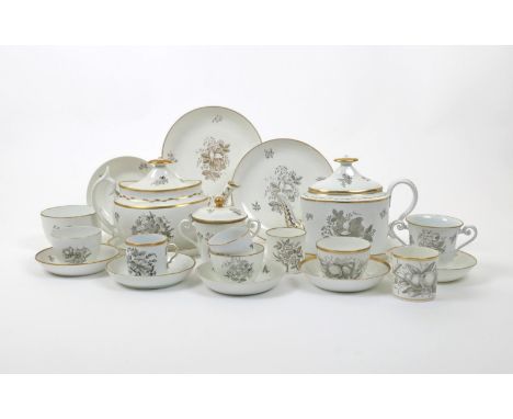 A collection of Spode tea wares, c.1810, bat-printed with patterns including 500, with flower arrangements and still lives of