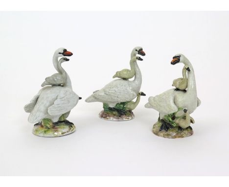 Three Meissen models of swans with cygnets, 19th century, after the model by J J Kändler, each standing with head turned to d