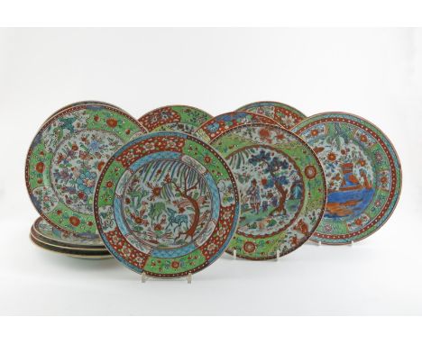 Eleven Chinese porcelain blue and white plates, late 18th/early 19th century, decorated with floral and landscape scenes, lat